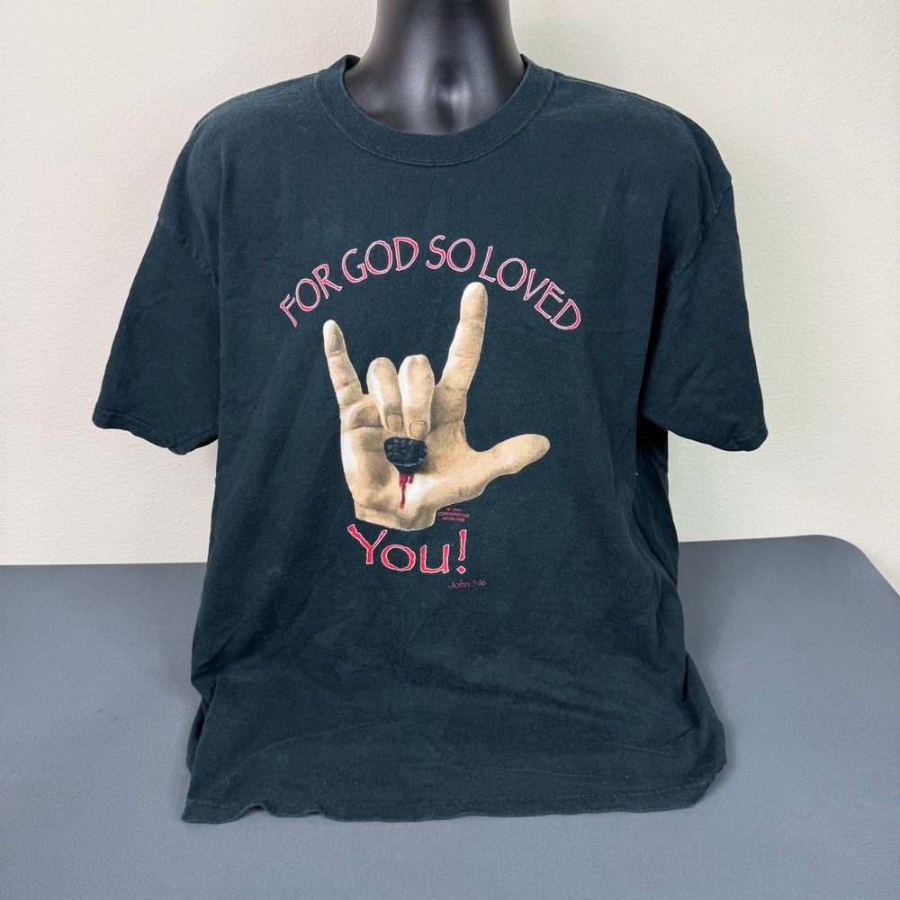 Anvil T-Shirt Mens XL 1997 For God So Loved You Christian Vintage Black Tee